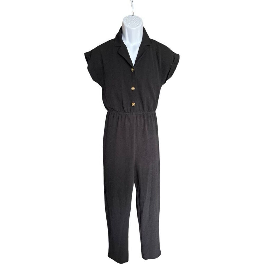 Womens No Boundaries Button Down Crepe Black Weekender Jumpsuit - Sz S